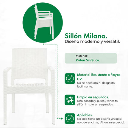 Mesa Monaco Rattan 90x90 + 4 Sillones Milano