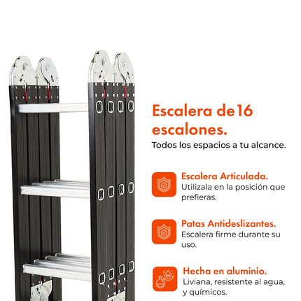 Escalera De Aluminio 16 Escalones Articulada + Plataforma