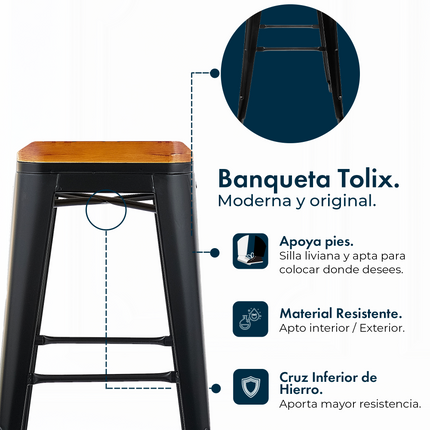 Set 2 Banquetas Tolix 75cm Asiento de Madera