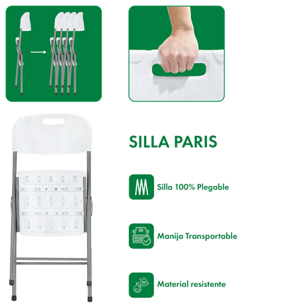 Set Mesa Plegable Picnic 1.80 cm Simil Madera + 6 Sillas Plegables Paris