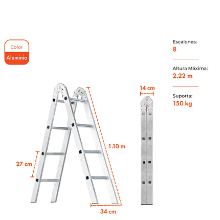 Escalera Tijera de Aluminio 8 Escalones 2,22 Mts