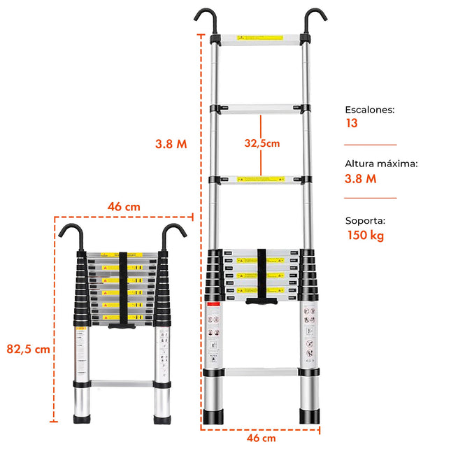 Escalera Telescópica 13 Escalones Extensible 3,8 Mts