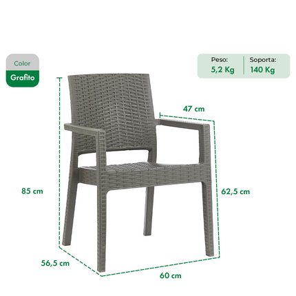 Mesa Monaco Rattan 90x90 + 4 Sillones Milano