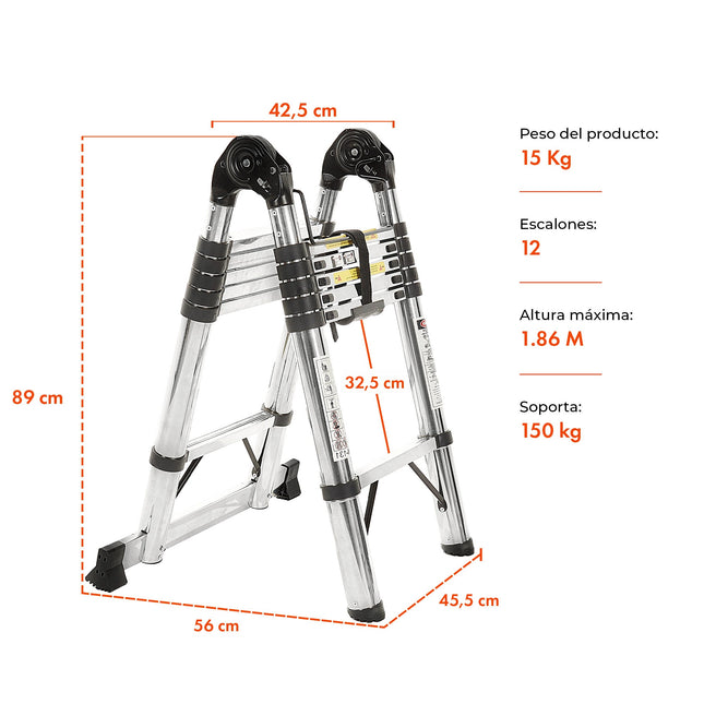 Escalera Multifunción Telescopica Tijera 12 Escalones Extensible 1,86 Mts