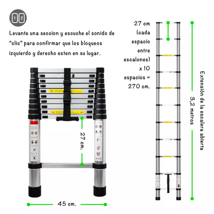 Escalera Telescópica 11 Escalones Extensible 3,2 Mts