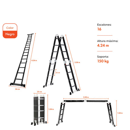 Escalera Articulada de Aluminio Negro de 16 Escalones 4,24 MTS DE ALTO