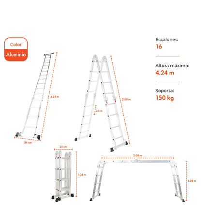 Escalera Articulada de Aluminio de 16 Escalones 4,24 Mts
