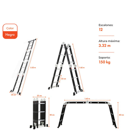 Escalera Articulada de Aluminio Negra 12 Escalones 3,50 Mts
