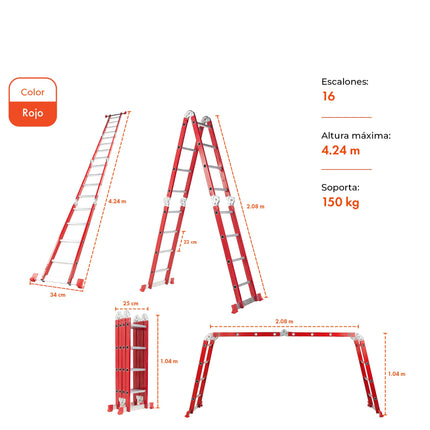 Escalera De Aluminio Articulada 16 Escalones Red Edition